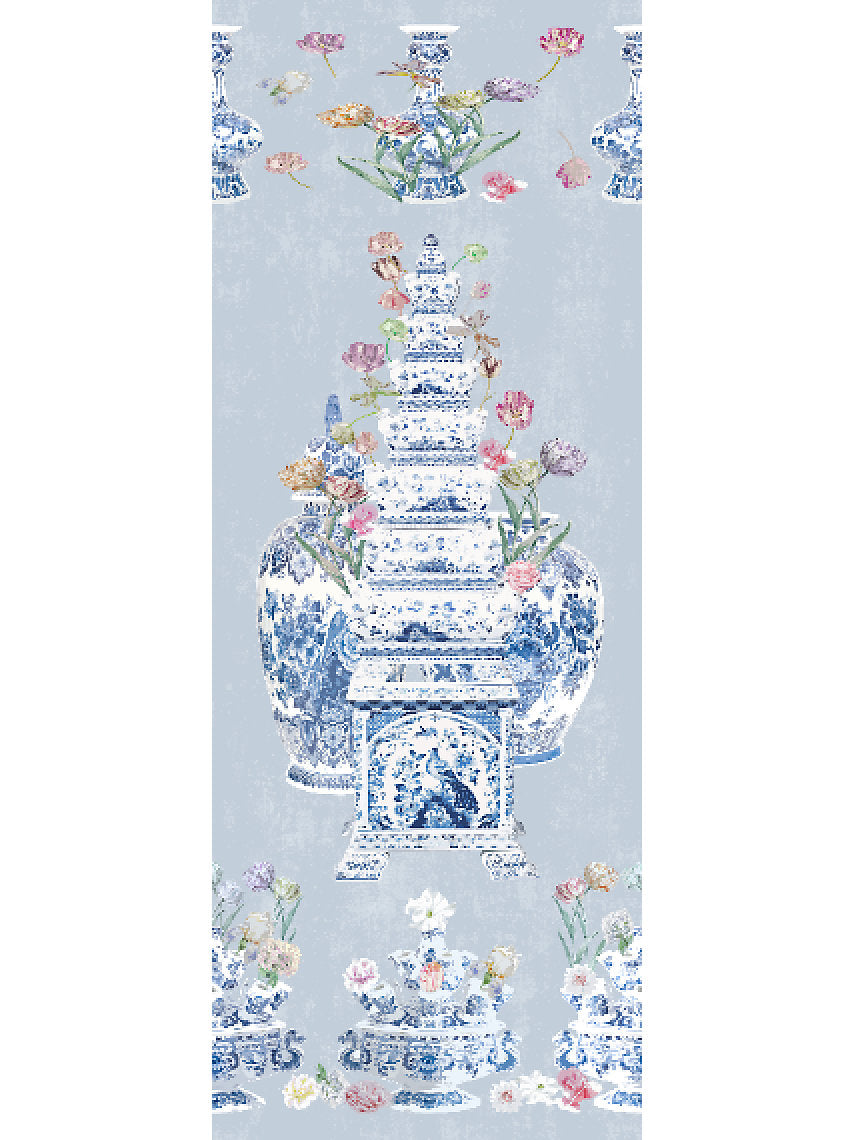 Royal Delft Tulipiere Flowers-Sheer Gray Fabric - nicolettemayer.com