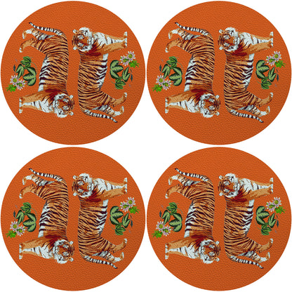 Tiger Seeing Double Orange Vegan Leather Round Pebble Placemat