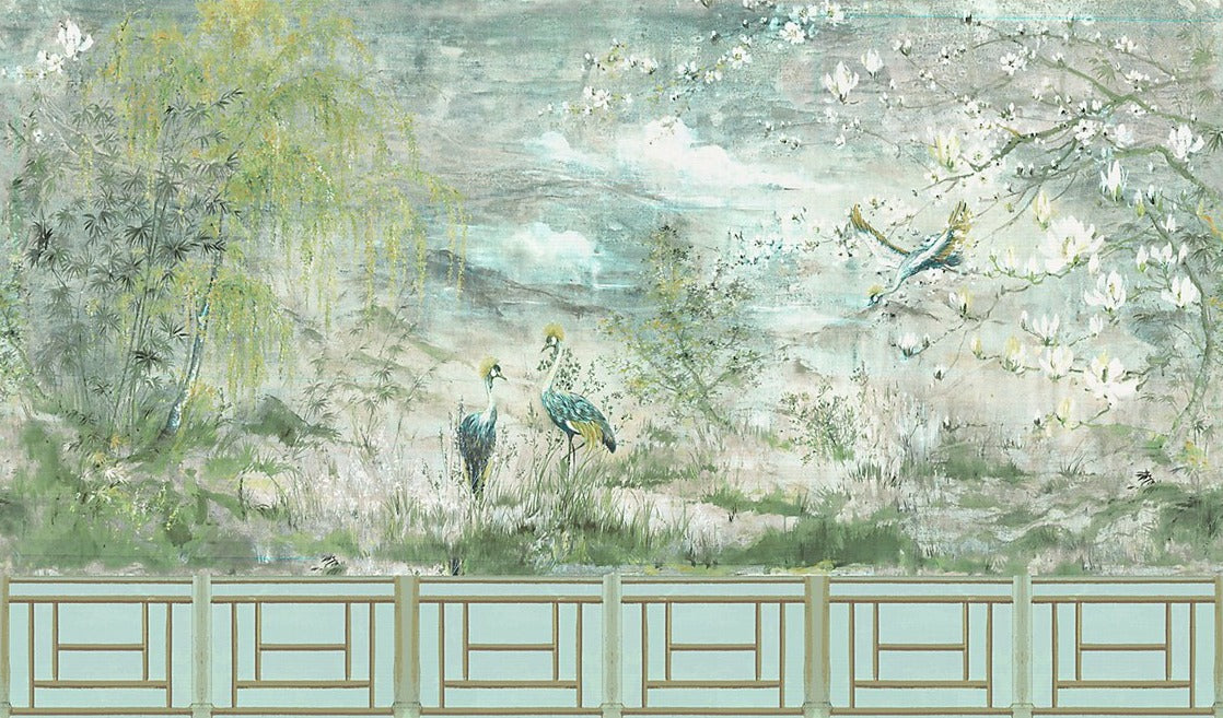 Crested Crane Green Gold Mural (Sold Per Panel) - nicolettemayer.com