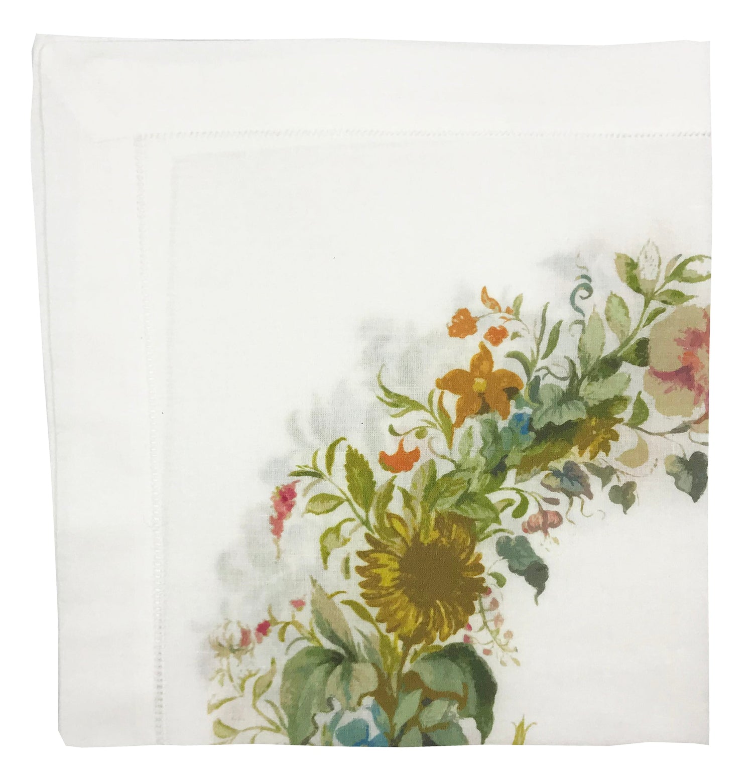 WREATH FLOWERS GOLD 22&quot;X22&quot; HEMSTITCH DINNER NAPKIN, SET OF 4 - nicolettemayer.com