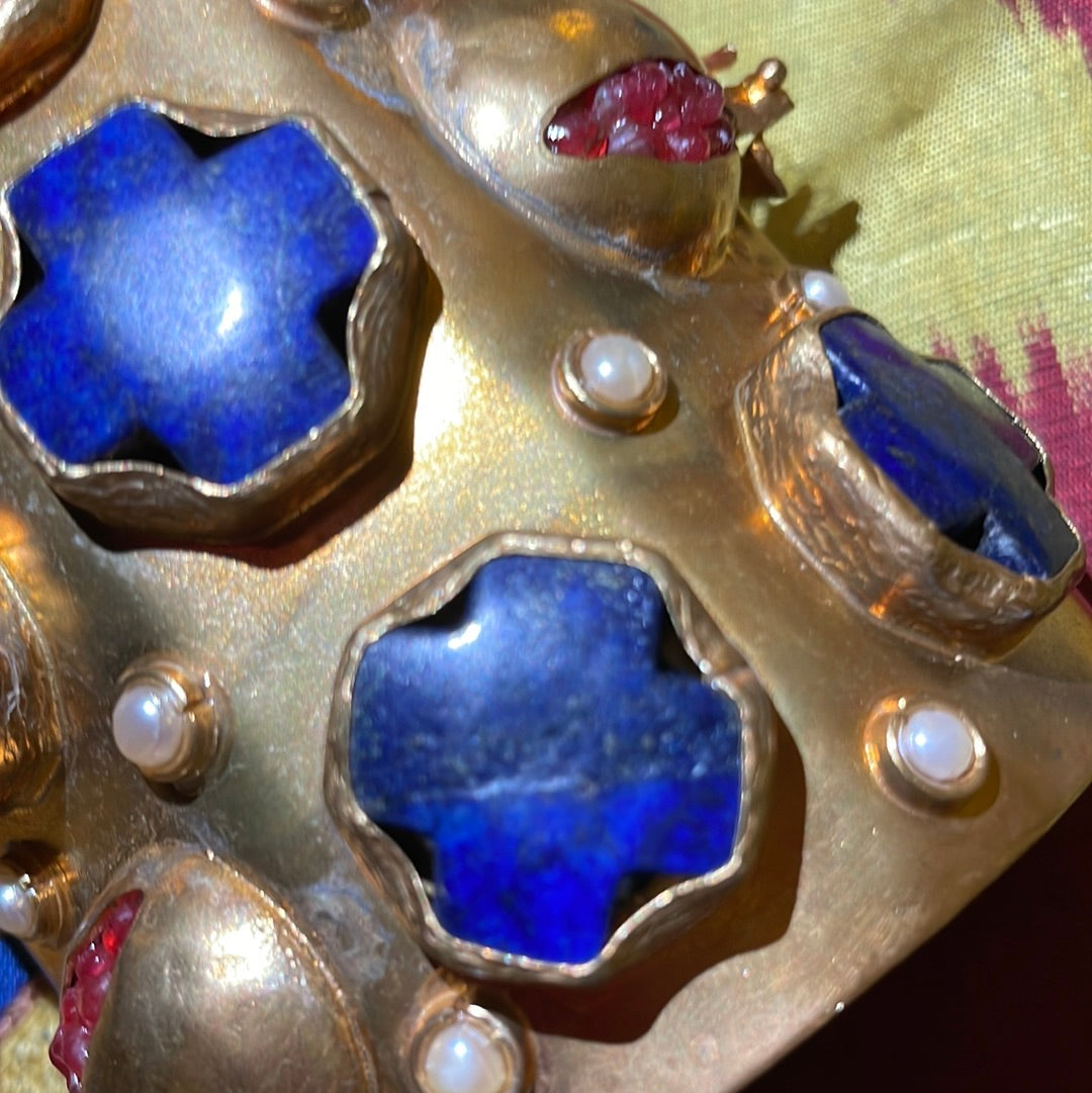 Blue Lapis, Ruby Red and Gold Brass Cuff