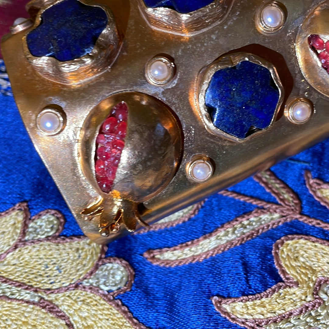 Blue Lapis, Ruby Red and Gold Brass Cuff