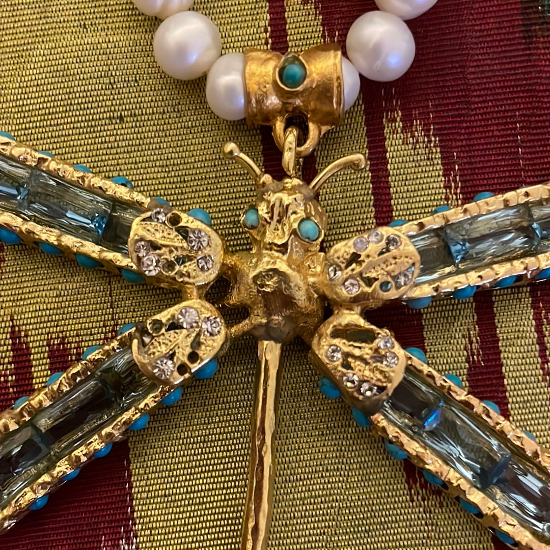 Dragonfly Pearl and Turquoise Necklace